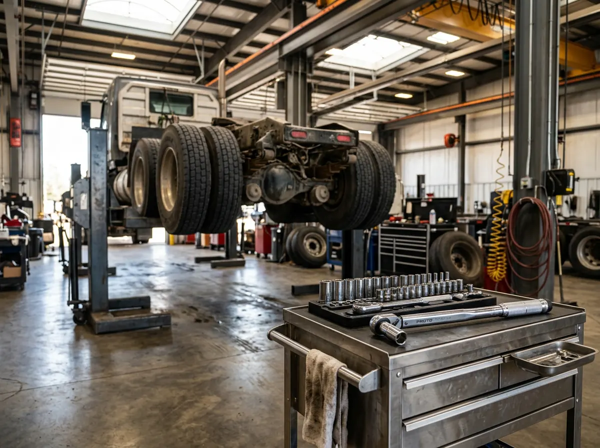 RPP Service Company shop bay with heavy-duty truck on hoist