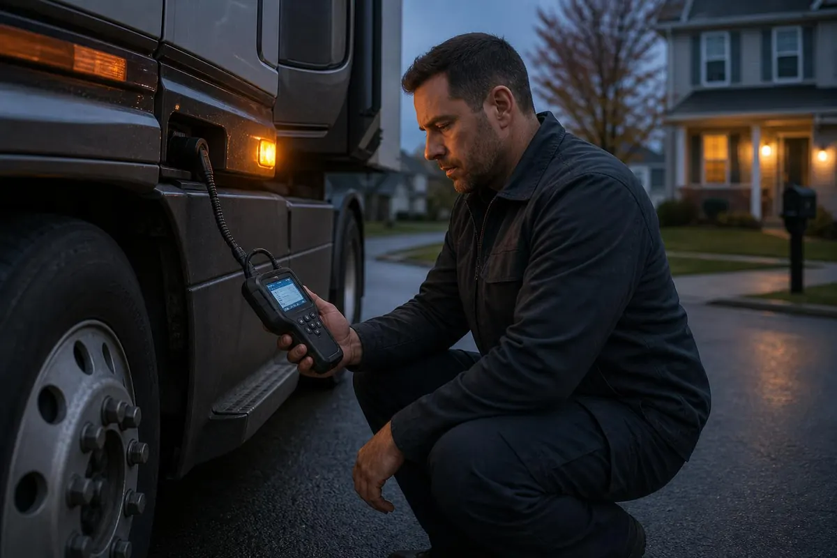 RPP mobile technician running a diagnostic scan on a broken-down semi-truck at dusk in a residential neighborhood
